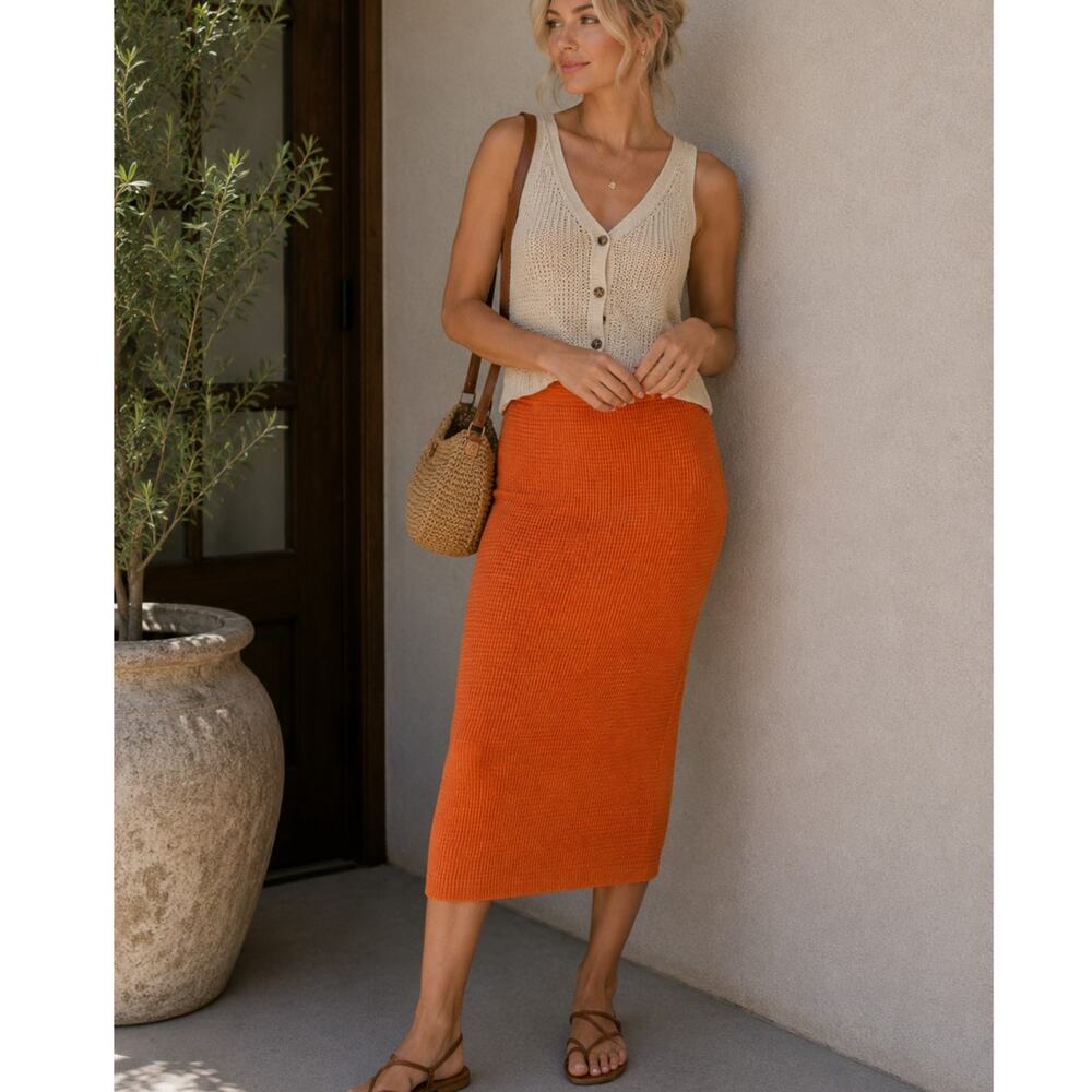 House of Harlow 1960 Orange Ribbed Knit Bodycon Midi Skirt Small Stretch Casual